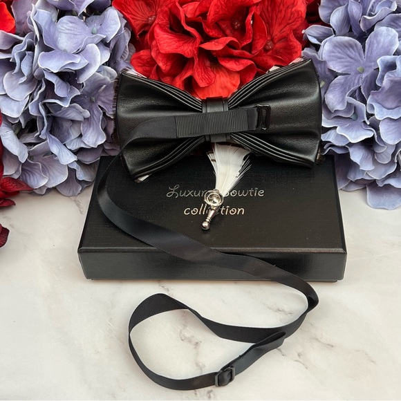 Handmade Black and White Feather Bow Tie Boutonnière Lapel Pin Set - Picture 10 of 16